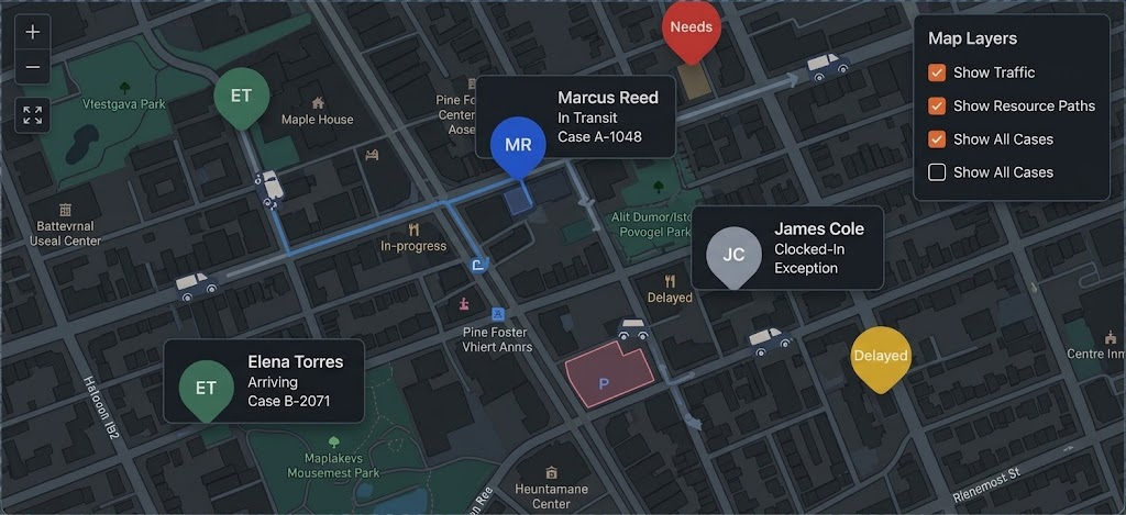 Live route map with coordinators and case locations